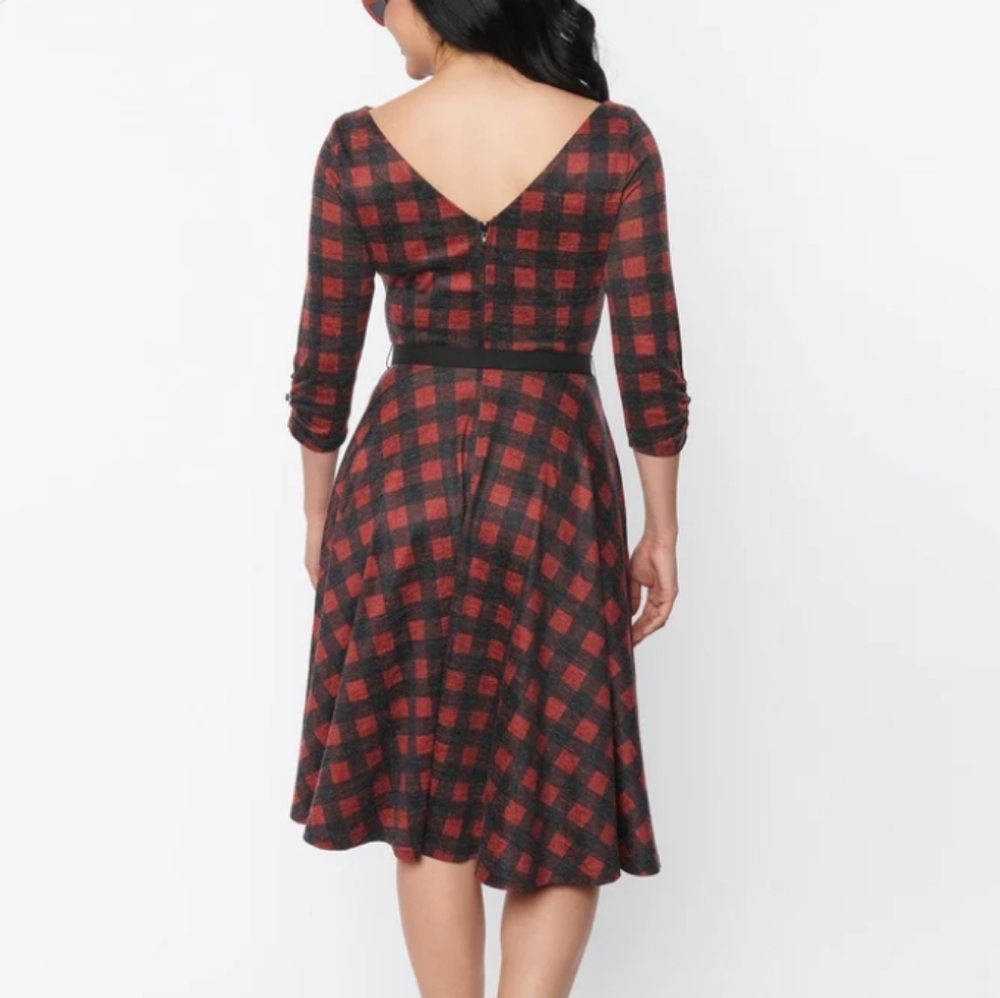 NWT UNIQUE VINTAGE Burgundy & Black Plaid Devon Swing Dress Belted Small 4 - Picture 2 of 9